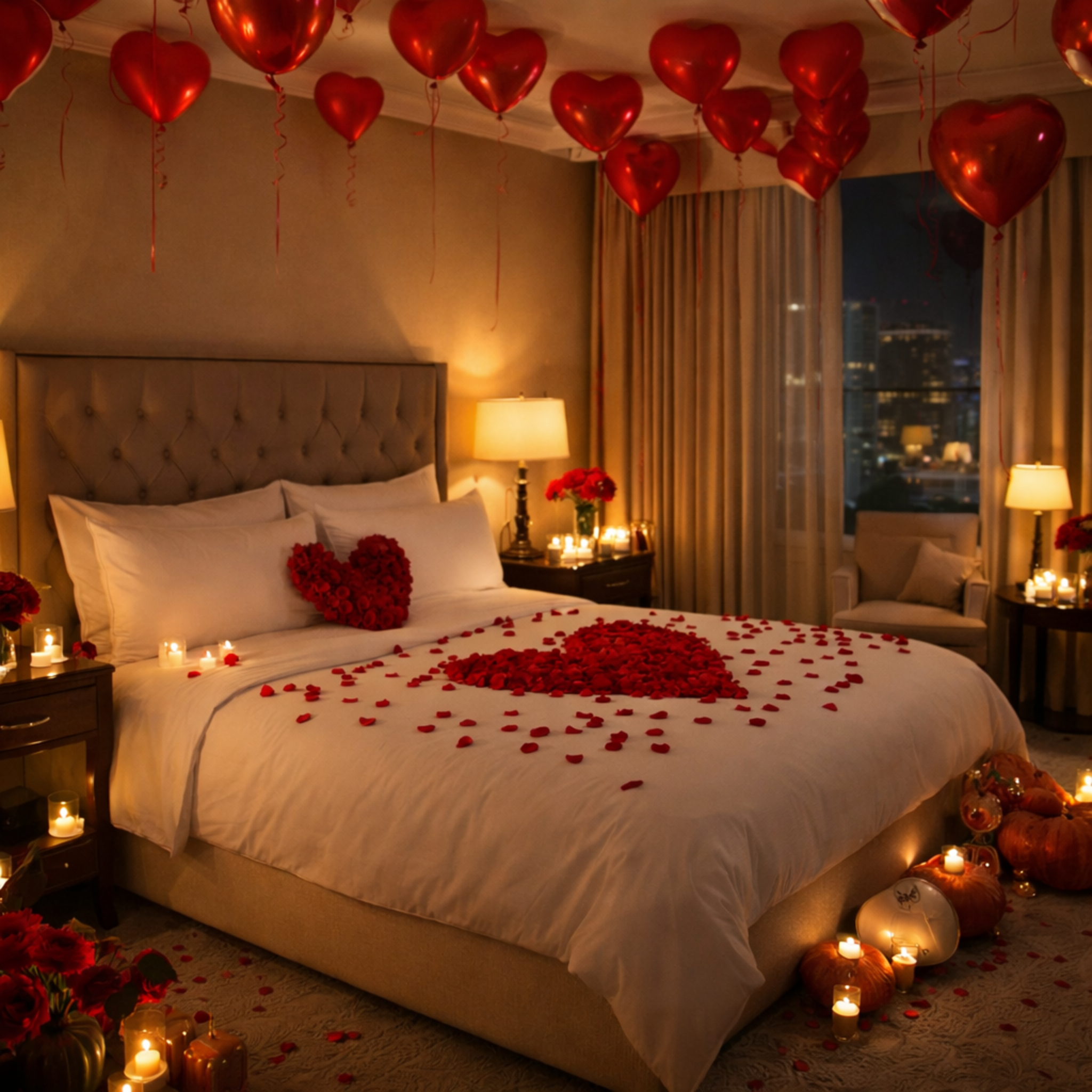 Romantic hotel room celebration setup with balloons and candles