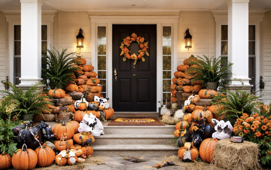 Seasonal porch decorating with pumpkins and warm fall styling